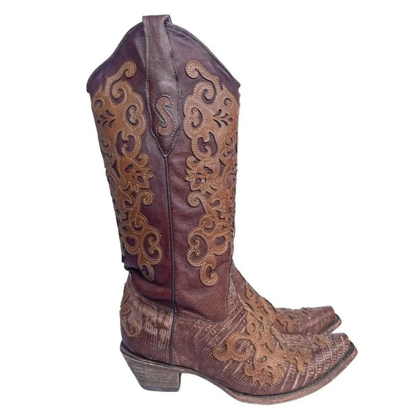 Vtg Corral C-1052 Women's Brown Leather Lizard Inlay Western Cowboy Boots 7.5 M - Picture 1 of 8